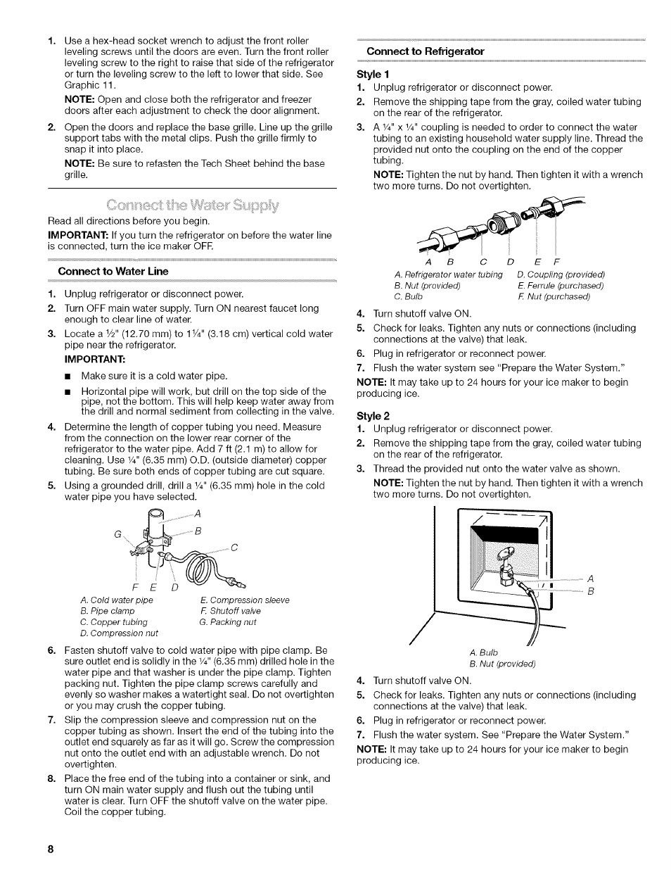 Connect to refrigerator, Connect to water line, Important | Style 1, Style 2, Connect the water supply | Kenmore 2305761A User Manual | Page 8 / 76