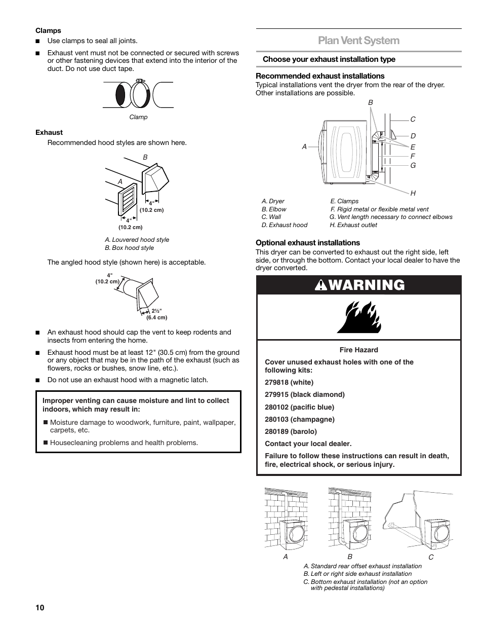 Warning, Plan vent system | Kenmore ELITE HE3 110.9787 User Manual | Page 10 / 52