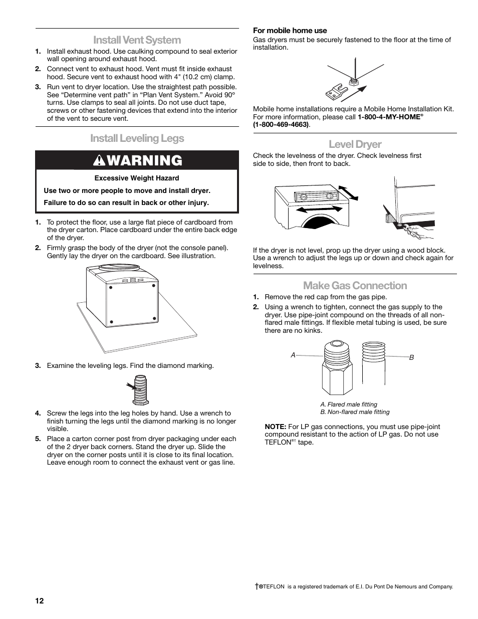 Warning, Install vent system, Install leveling legs | Level dryer, Make gas connection | Kenmore ELITE HE3 110.9787 User Manual | Page 12 / 52