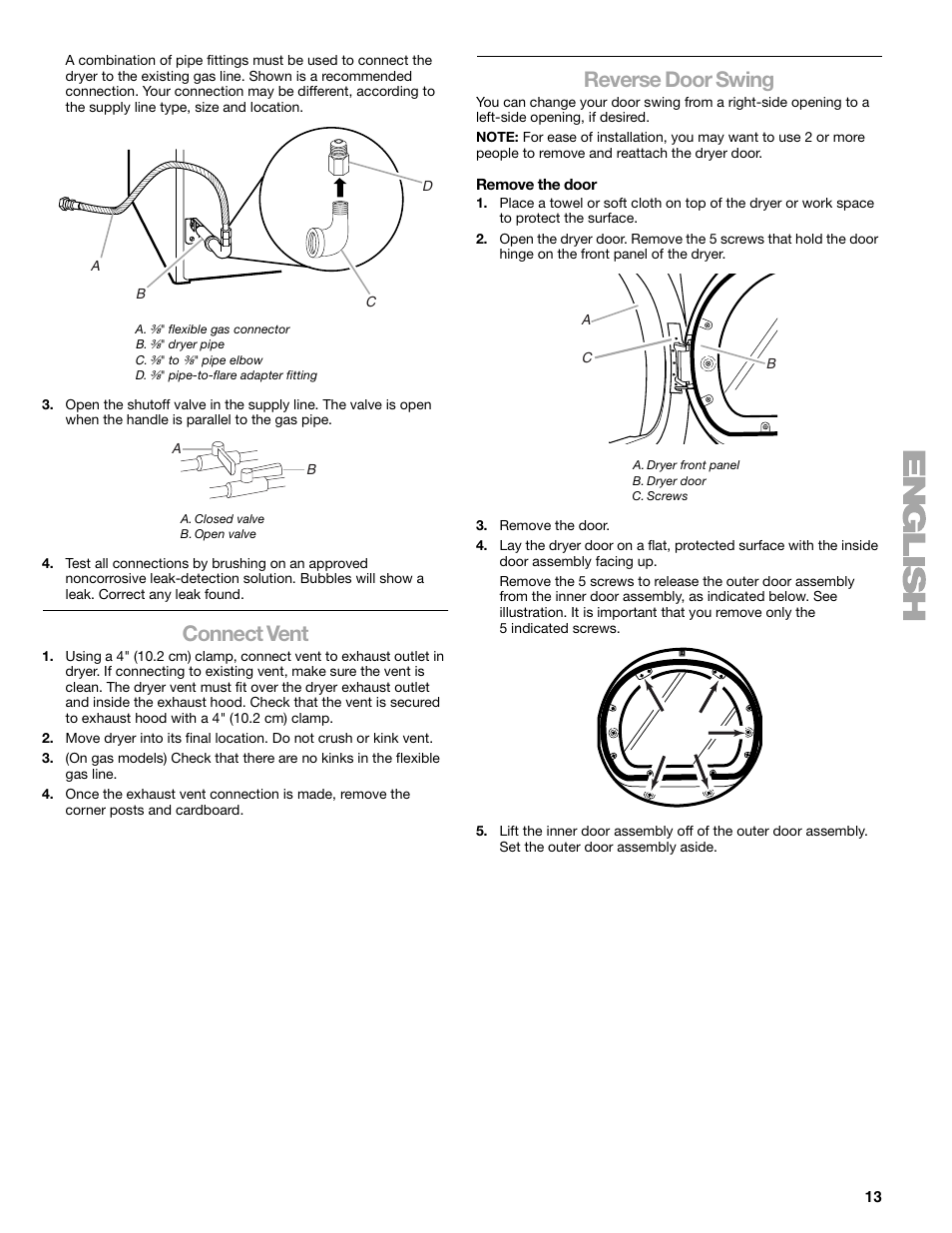 Connect vent, Reverse door swing | Kenmore ELITE HE3 110.9787 User Manual | Page 13 / 52