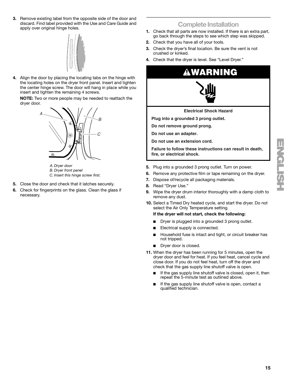 Warning, Complete installation | Kenmore ELITE HE3 110.9787 User Manual | Page 15 / 52