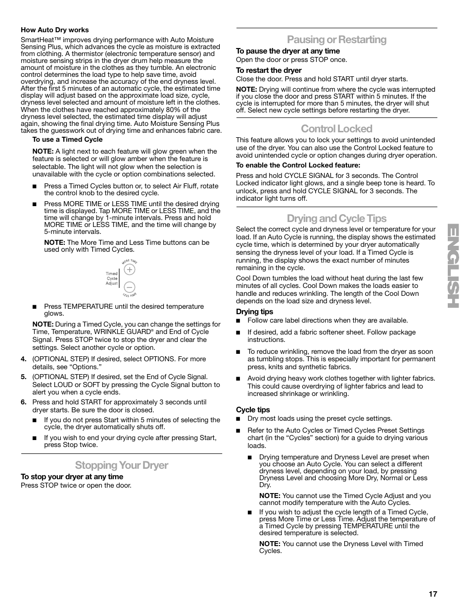 Stopping your dryer, Pausing or restarting, Control locked | Drying and cycle tips | Kenmore ELITE HE3 110.9787 User Manual | Page 17 / 52