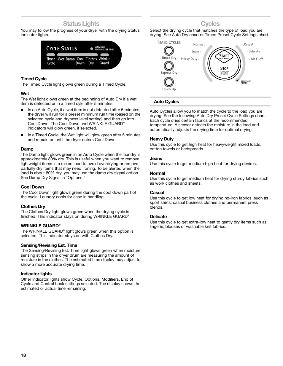Status lights, Cycles | Kenmore ELITE HE3 110.9787 User Manual | Page 18 / 52