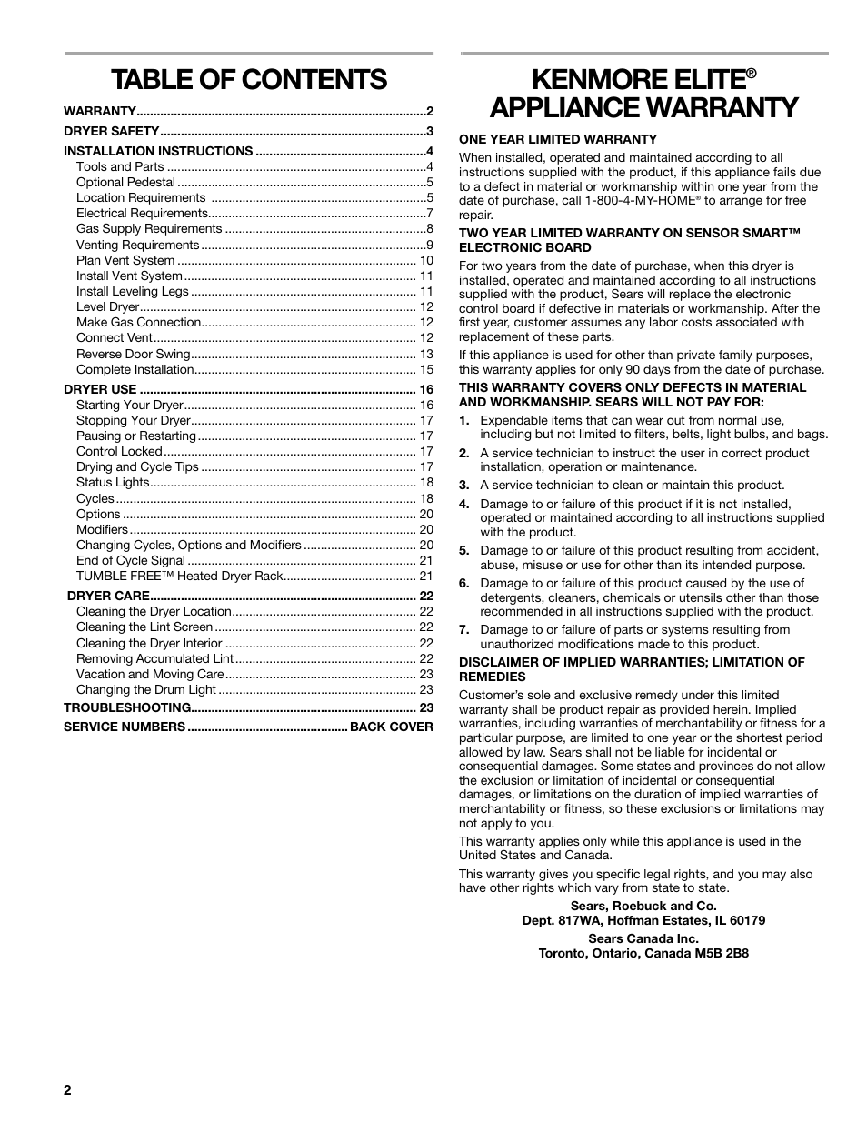 Kenmore ELITE HE3 110.9787 User Manual | Page 2 / 52