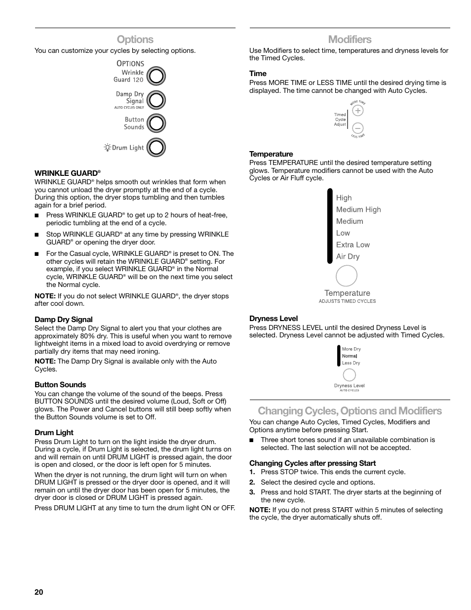 Options, Modifiers, Changing cycles, options and modifiers | Kenmore ELITE HE3 110.9787 User Manual | Page 20 / 52