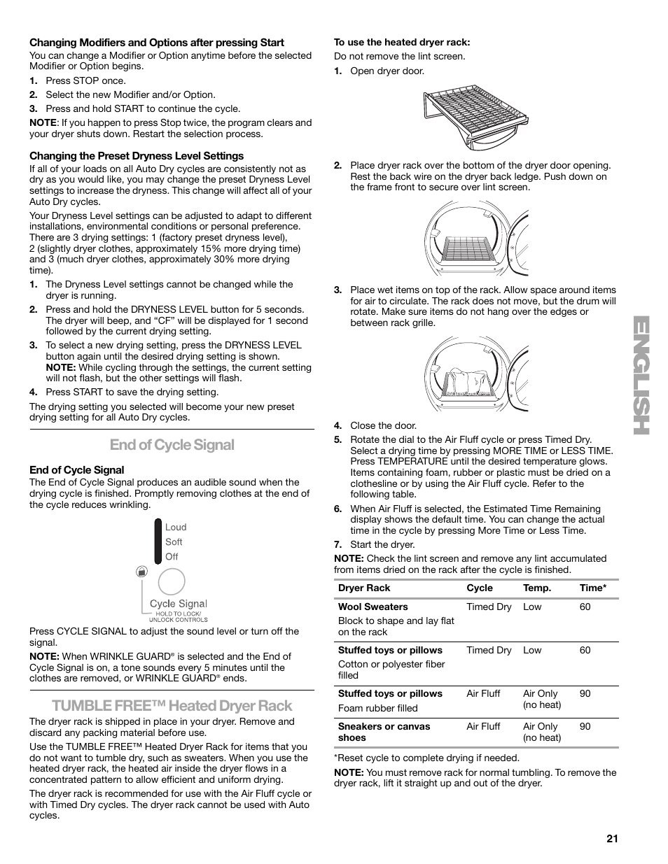 End of cycle signal, Tumble free™ heated dryer rack | Kenmore ELITE HE3 110.9787 User Manual | Page 21 / 52