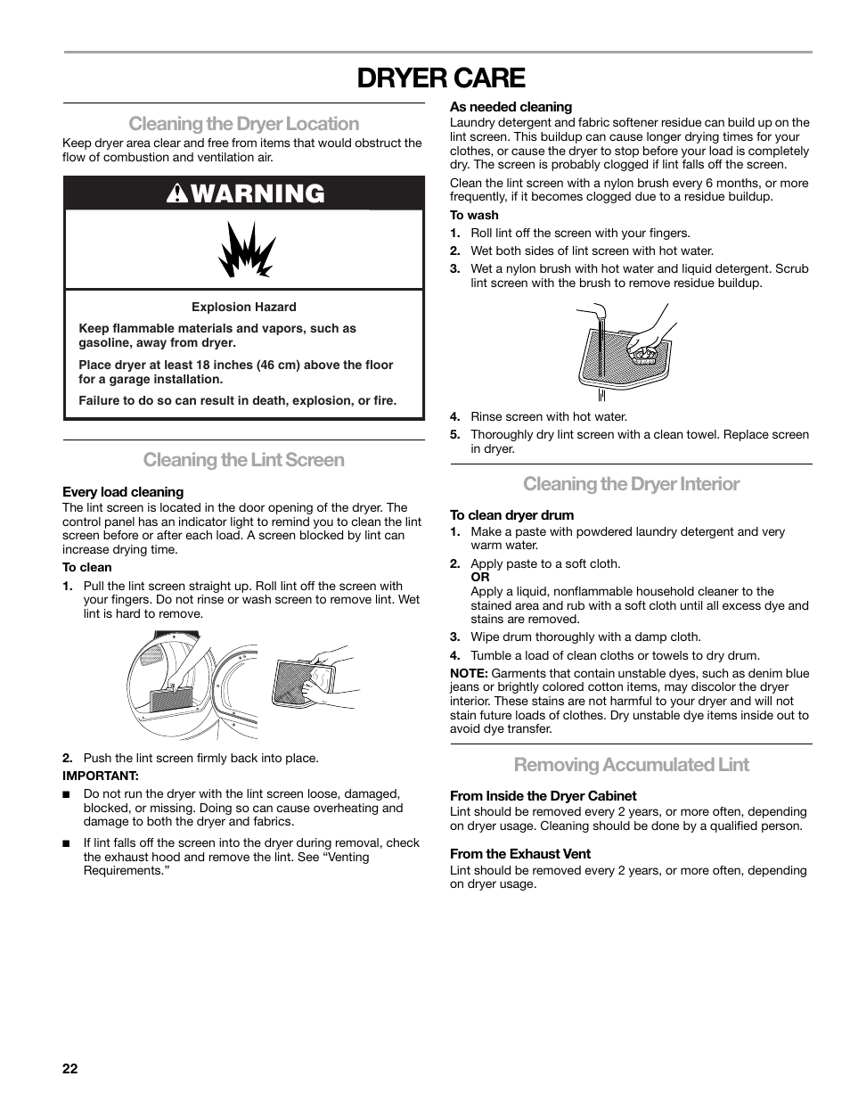 Dryer care, Warning, Cleaning the dryer location | Cleaning the lint screen, Cleaning the dryer interior, Removing accumulated lint | Kenmore ELITE HE3 110.9787 User Manual | Page 22 / 52