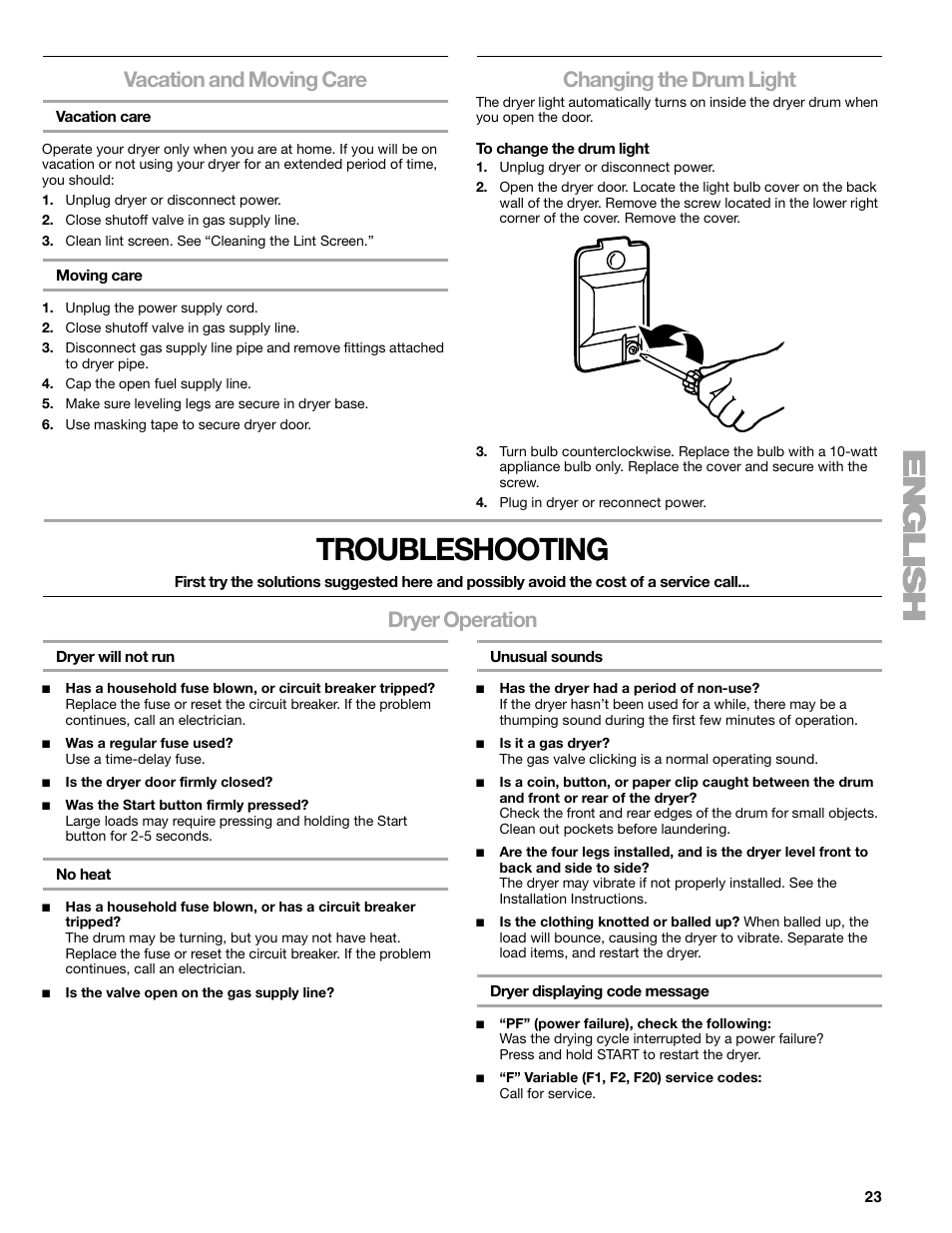 Troubleshooting, Vacation and moving care, Changing the drum light | Dryer operation | Kenmore ELITE HE3 110.9787 User Manual | Page 23 / 52