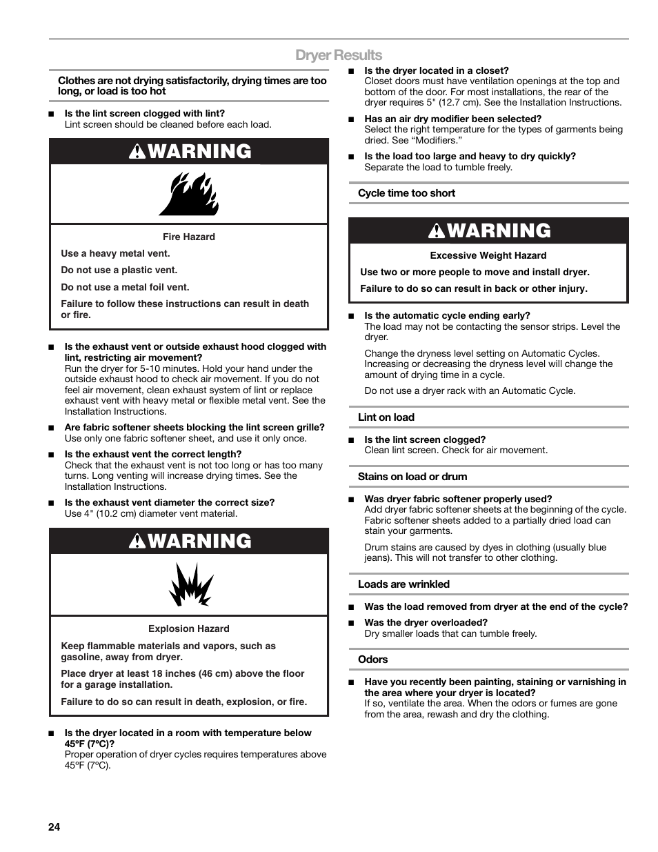 Warning, Dryer results | Kenmore ELITE HE3 110.9787 User Manual | Page 24 / 52