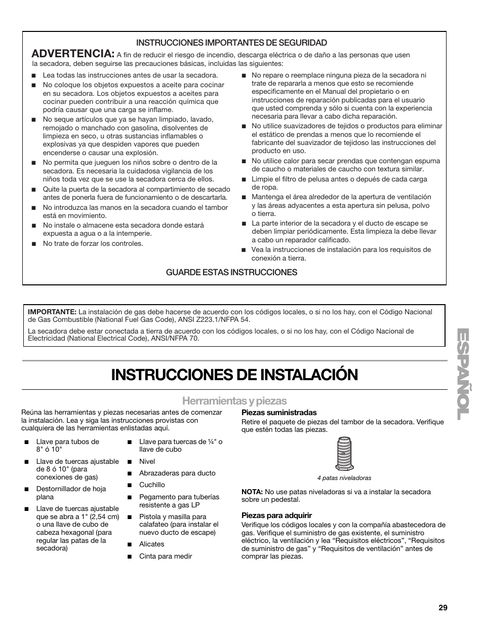 Instrucciones de instalación, Herramientas y piezas, Advertencia | Instrucciones importantes de seguridad, Guarde estas instrucciones | Kenmore ELITE HE3 110.9787 User Manual | Page 29 / 52