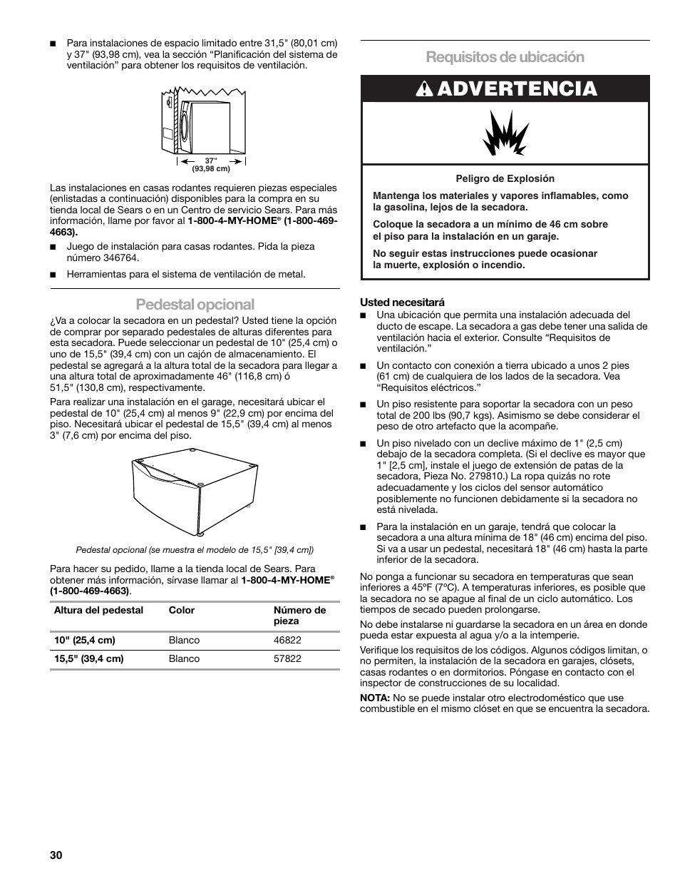 Advertencia, Pedestal opcional, Requisitos de ubicación | Kenmore ELITE HE3 110.9787 User Manual | Page 30 / 52