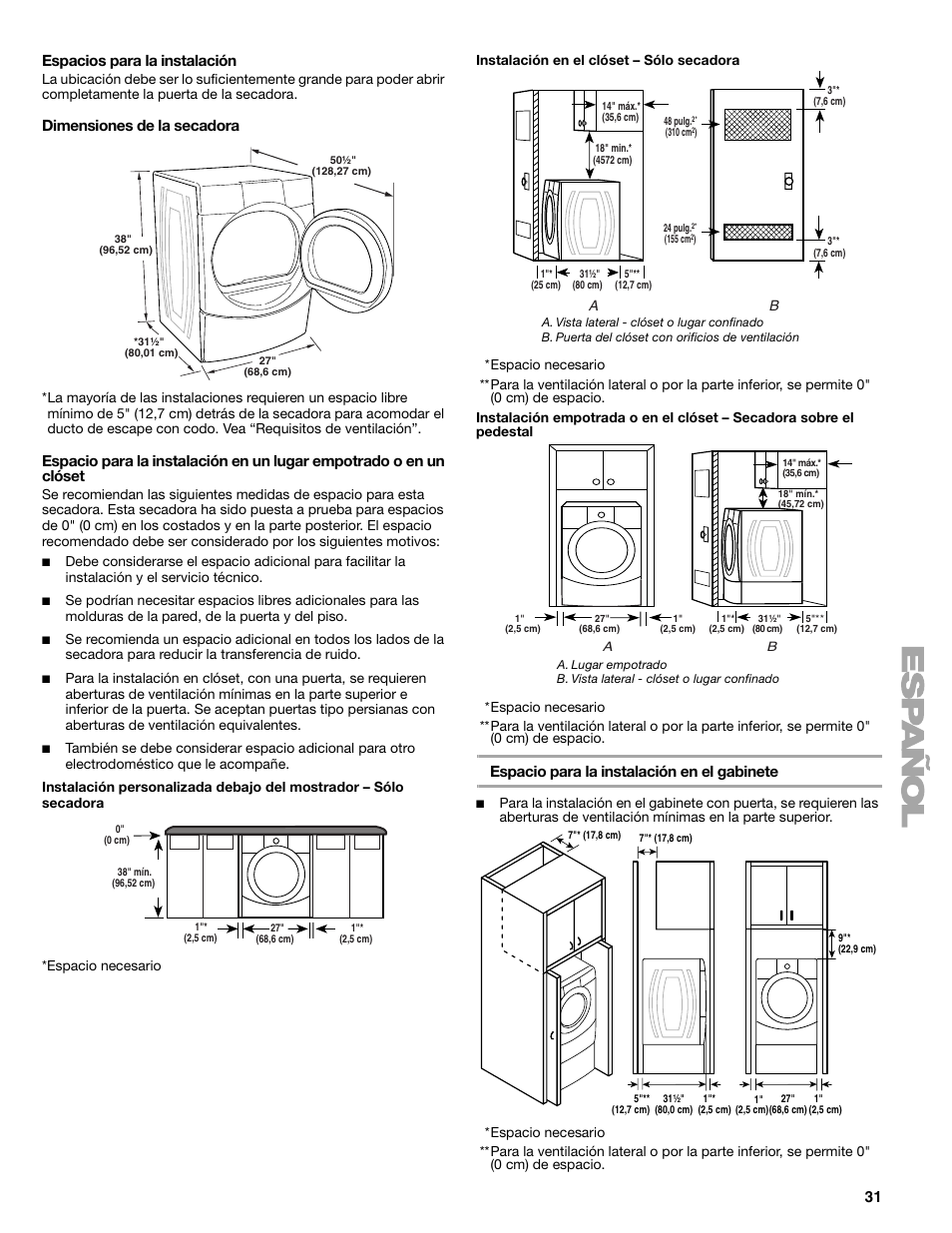 31 espacios para la instalación, Dimensiones de la secadora, Espacio para la instalación en el gabinete | Kenmore ELITE HE3 110.9787 User Manual | Page 31 / 52