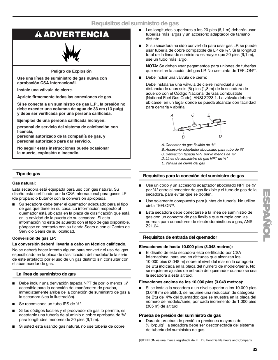 Advertencia, Requisitos del suministro de gas | Kenmore ELITE HE3 110.9787 User Manual | Page 33 / 52