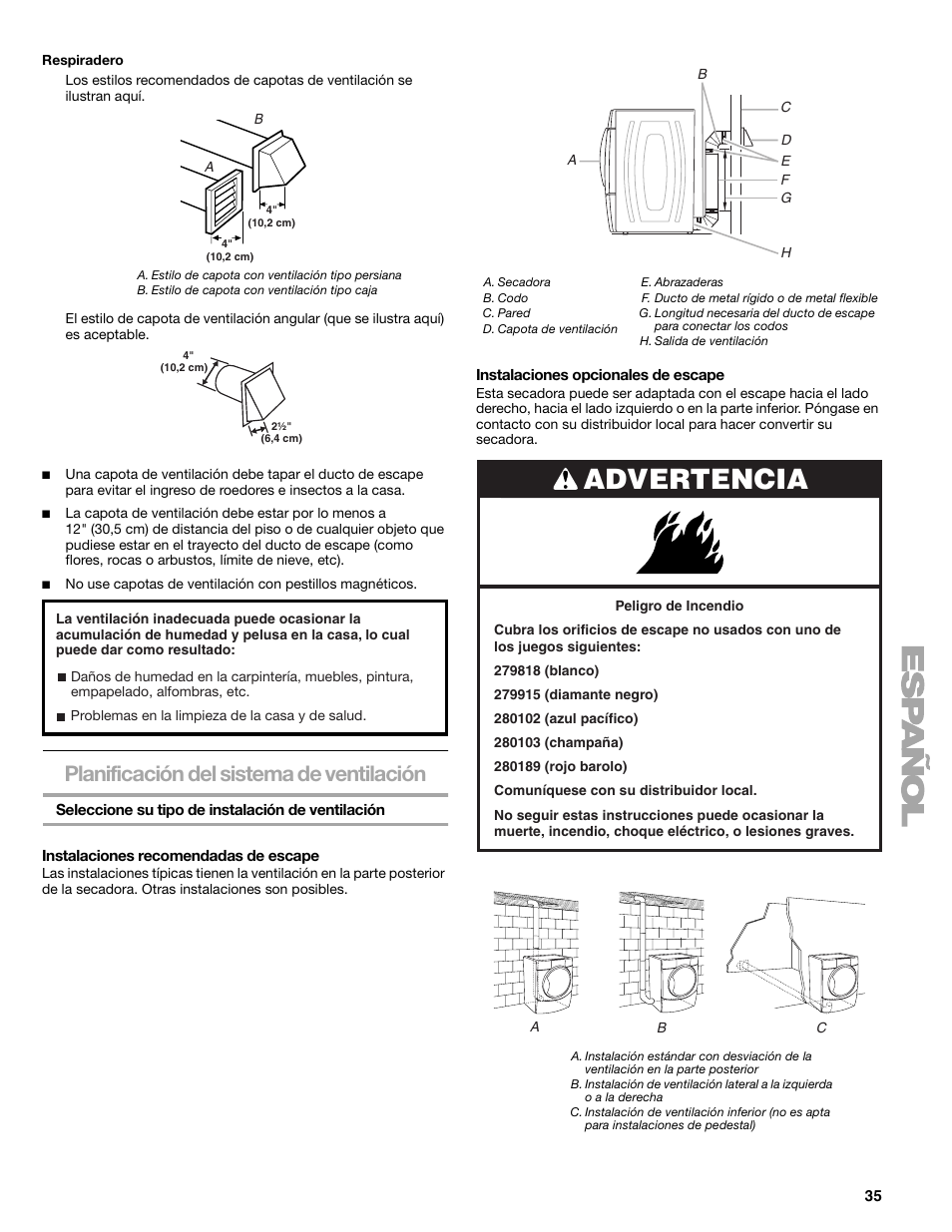 Advertencia, Planificación del sistema de ventilación | Kenmore ELITE HE3 110.9787 User Manual | Page 35 / 52