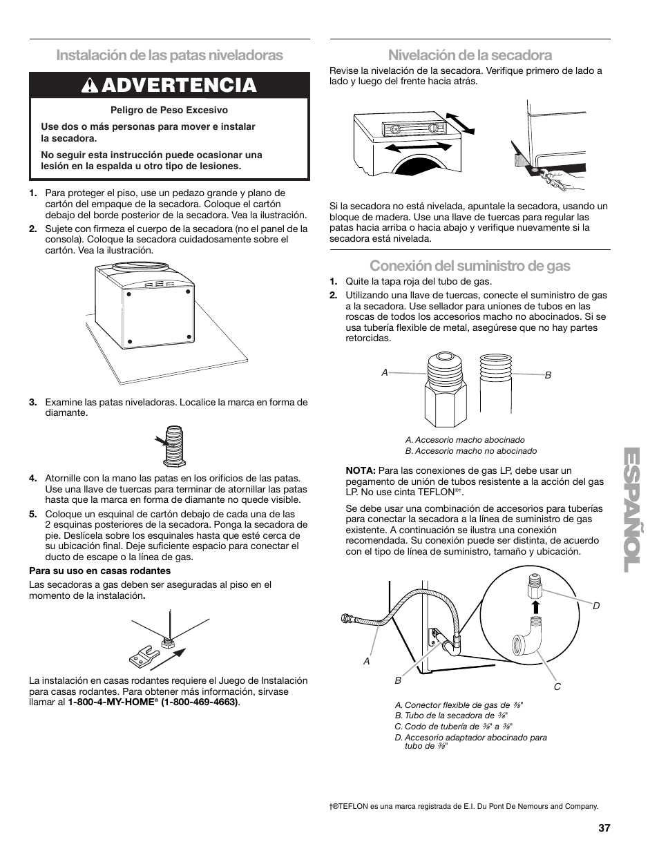 Advertencia, Instalación de las patas niveladoras, Nivelación de la secadora | Conexión del suministro de gas | Kenmore ELITE HE3 110.9787 User Manual | Page 37 / 52