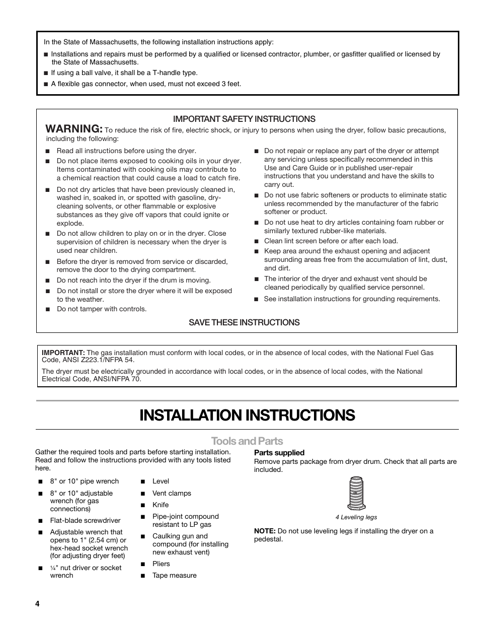 Installation instructions, Tools and parts, Warning | Important safety instructions, Save these instructions | Kenmore ELITE HE3 110.9787 User Manual | Page 4 / 52