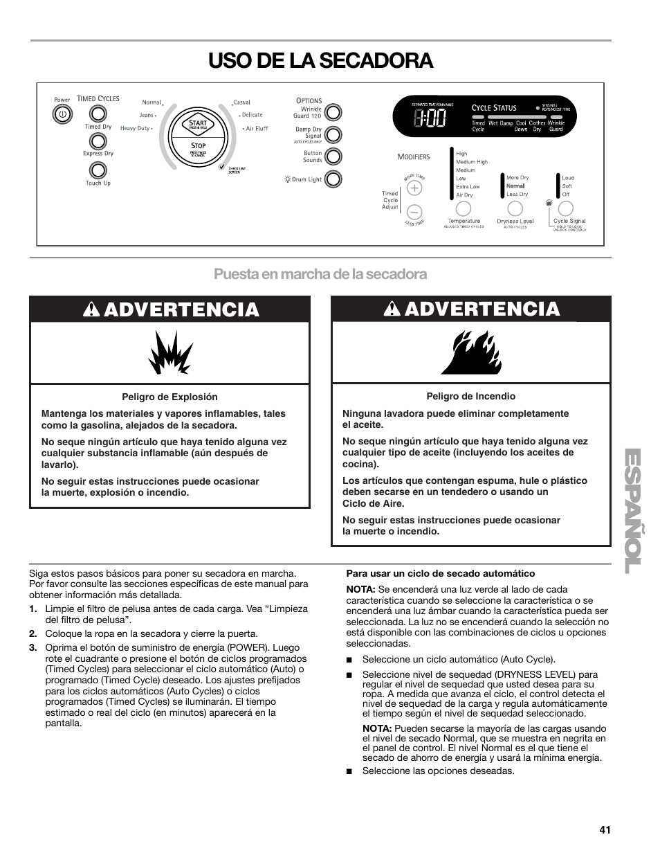 Uso de la secadora, Advertencia, Puesta en marcha de la secadora | Kenmore ELITE HE3 110.9787 User Manual | Page 41 / 52