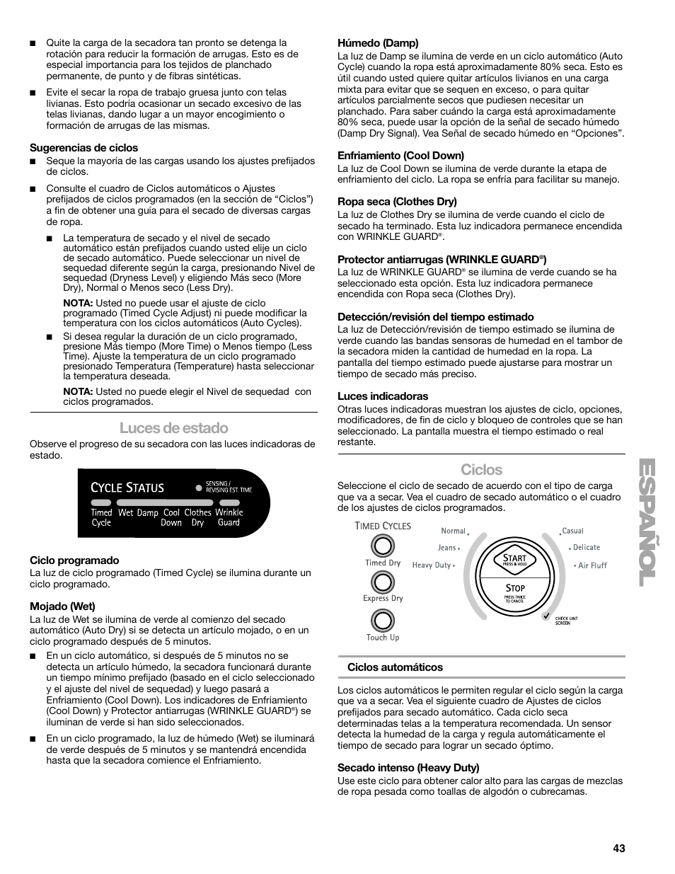 Luces de estado, Ciclos | Kenmore ELITE HE3 110.9787 User Manual | Page 43 / 52