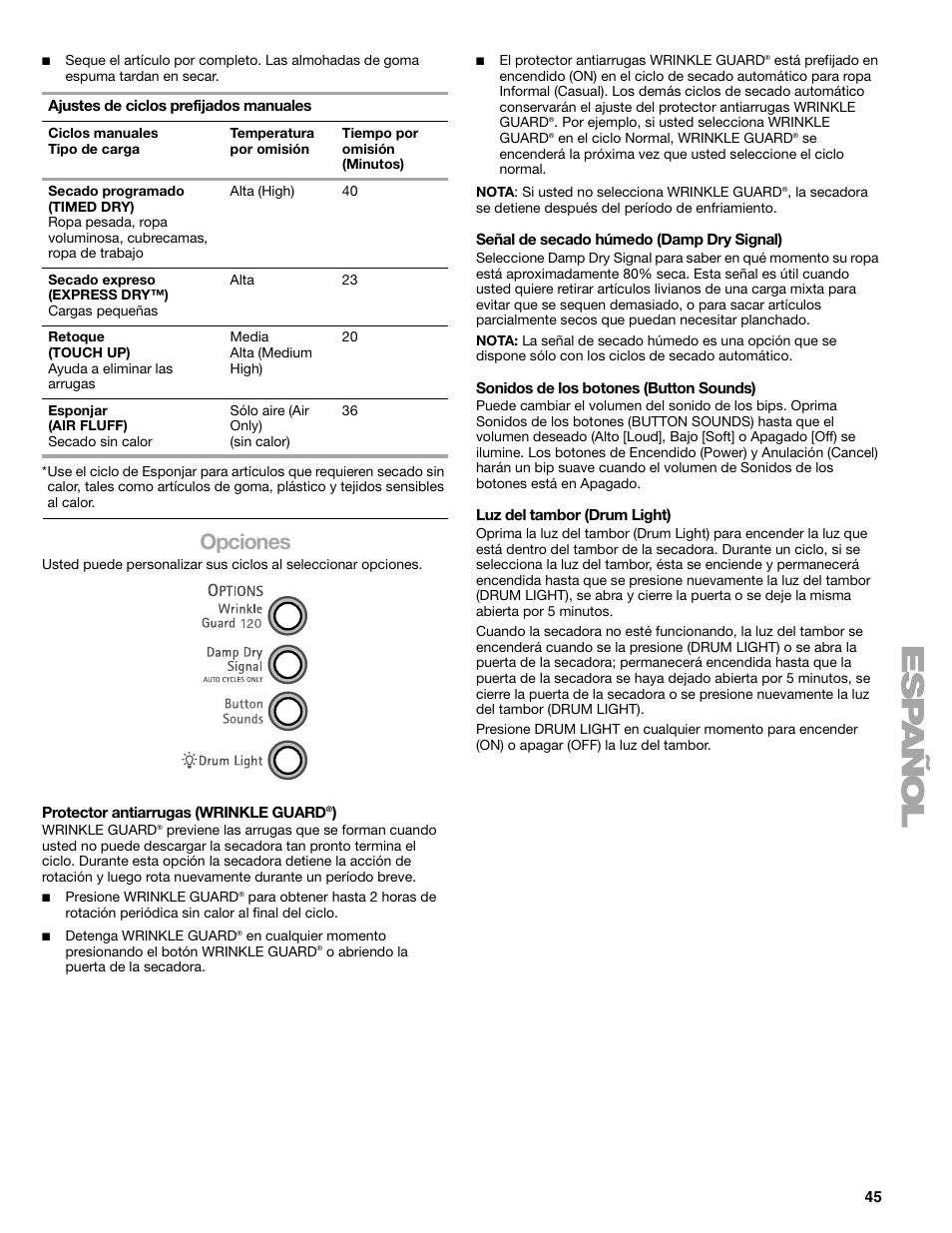 Opciones | Kenmore ELITE HE3 110.9787 User Manual | Page 45 / 52