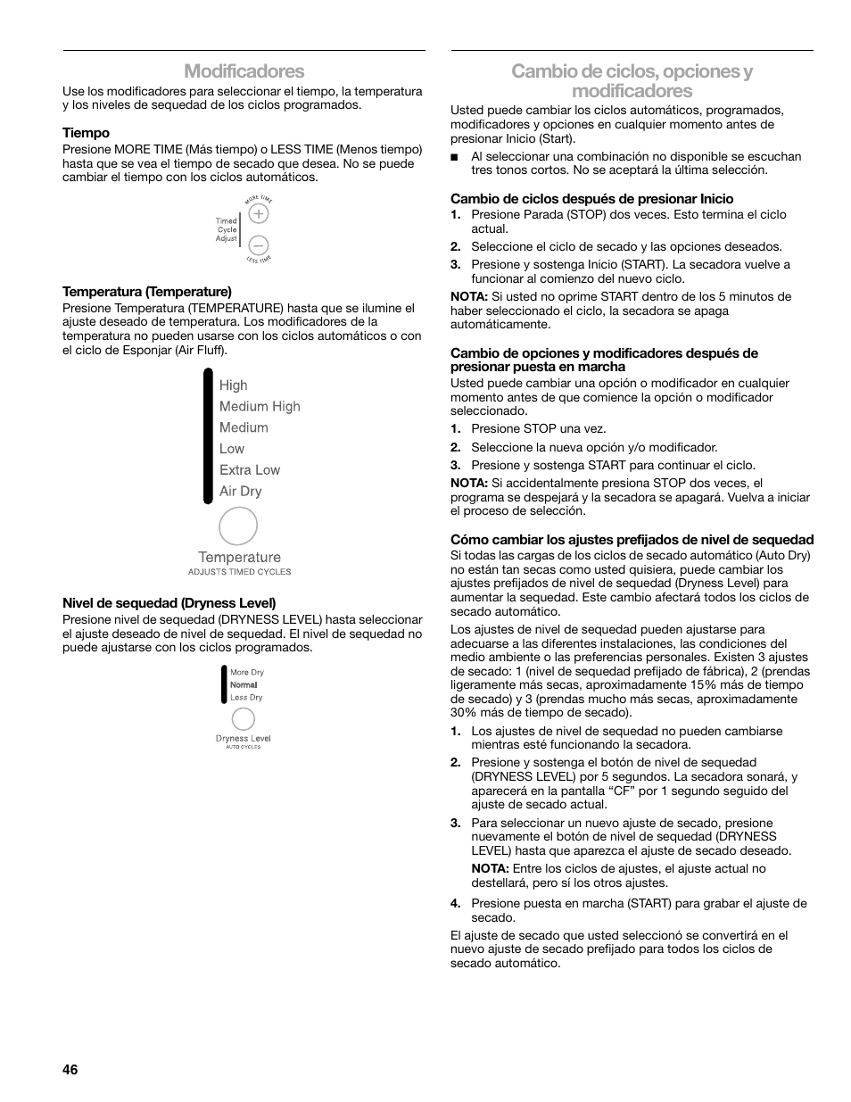 Modificadores, Cambio de ciclos, opciones y modificadores | Kenmore ELITE HE3 110.9787 User Manual | Page 46 / 52