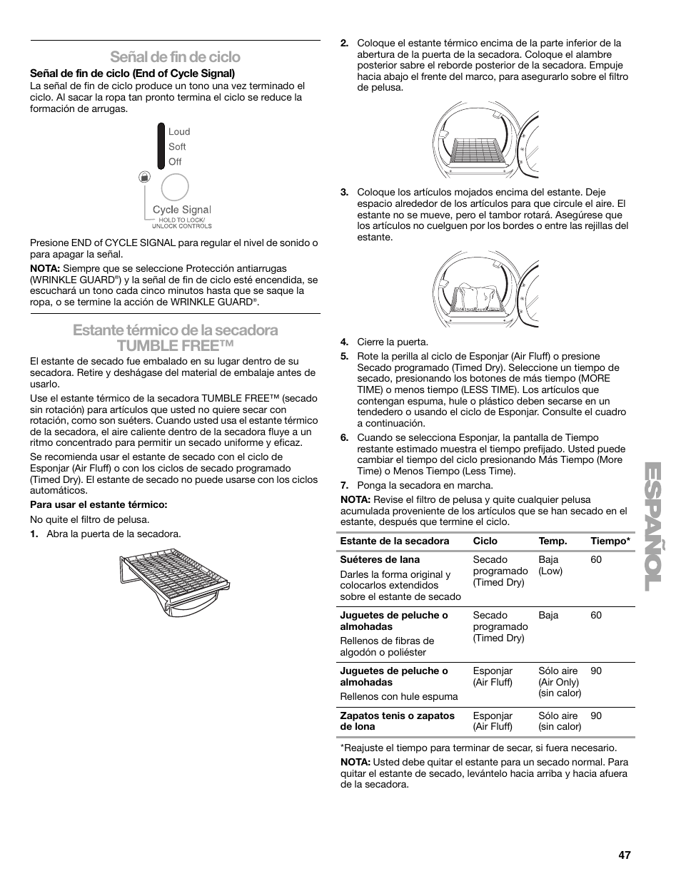 Señal de fin de ciclo, Estante térmico de la secadora tumble free | Kenmore ELITE HE3 110.9787 User Manual | Page 47 / 52