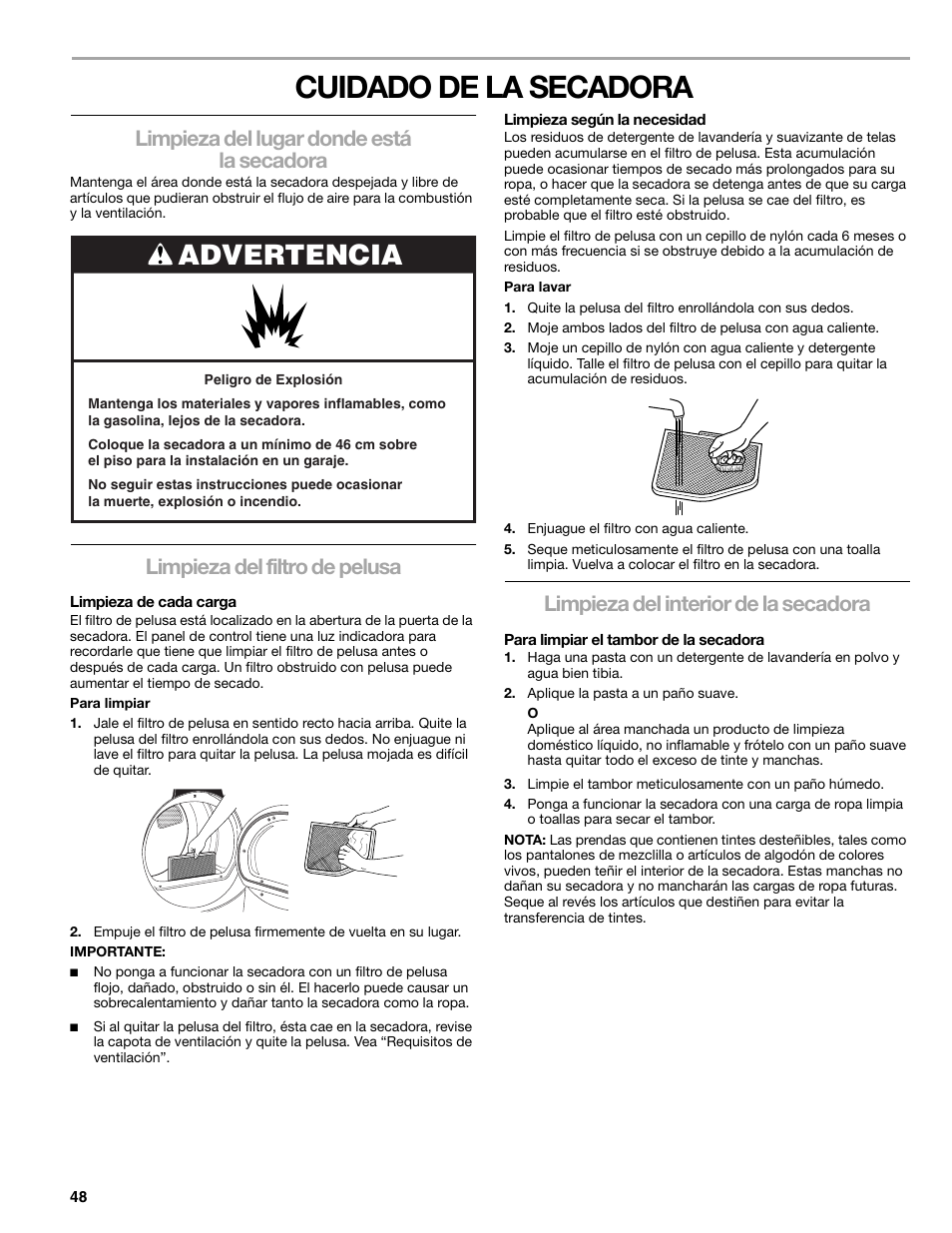Cuidado de la secadora, Advertencia, Limpieza del lugar donde está la secadora | Limpieza del filtro de pelusa, Limpieza del interior de la secadora | Kenmore ELITE HE3 110.9787 User Manual | Page 48 / 52