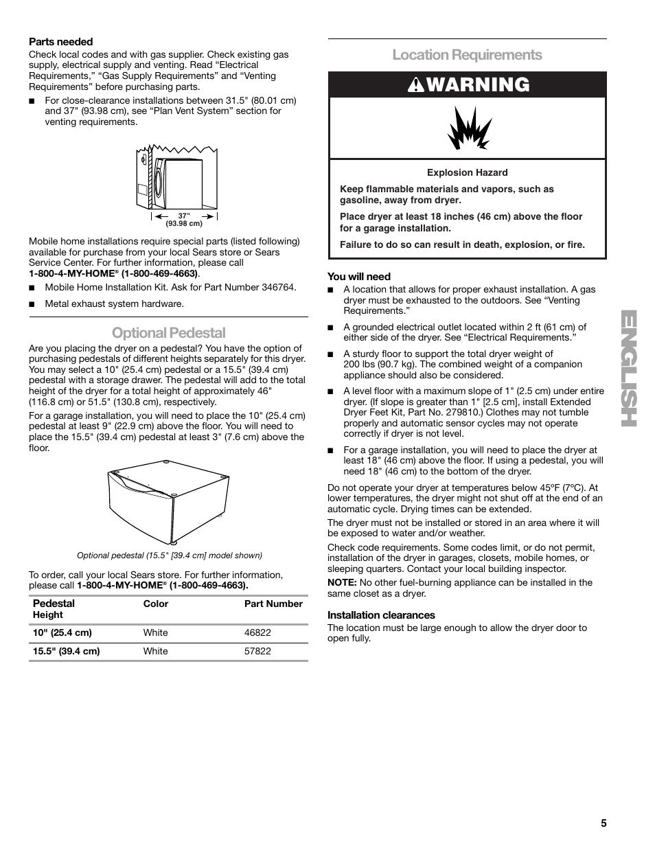 Warning, Optional pedestal, Location requirements | Kenmore ELITE HE3 110.9787 User Manual | Page 5 / 52