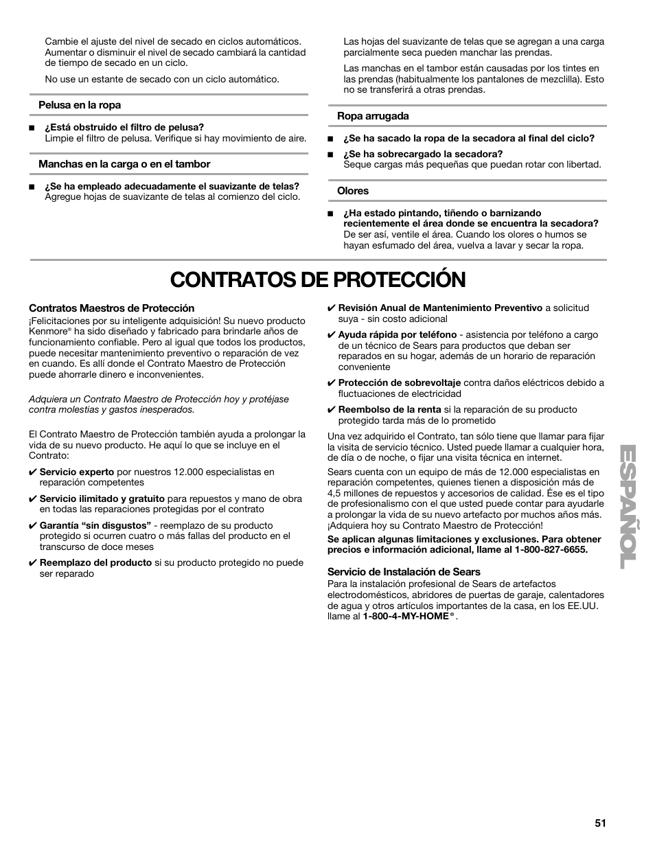 Contratos de protección | Kenmore ELITE HE3 110.9787 User Manual | Page 51 / 52