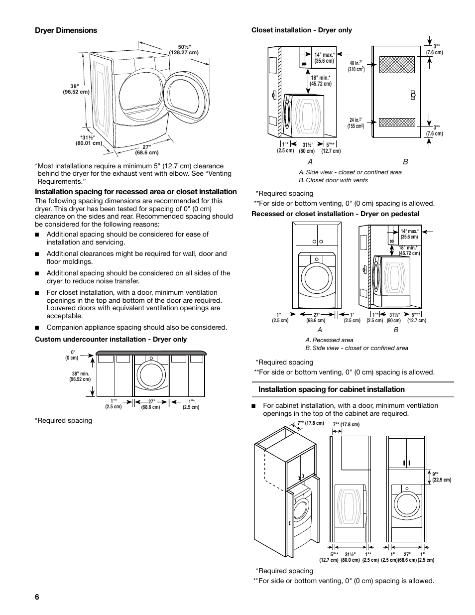 6dryer dimensions, Installation spacing for cabinet installation | Kenmore ELITE HE3 110.9787 User Manual | Page 6 / 52