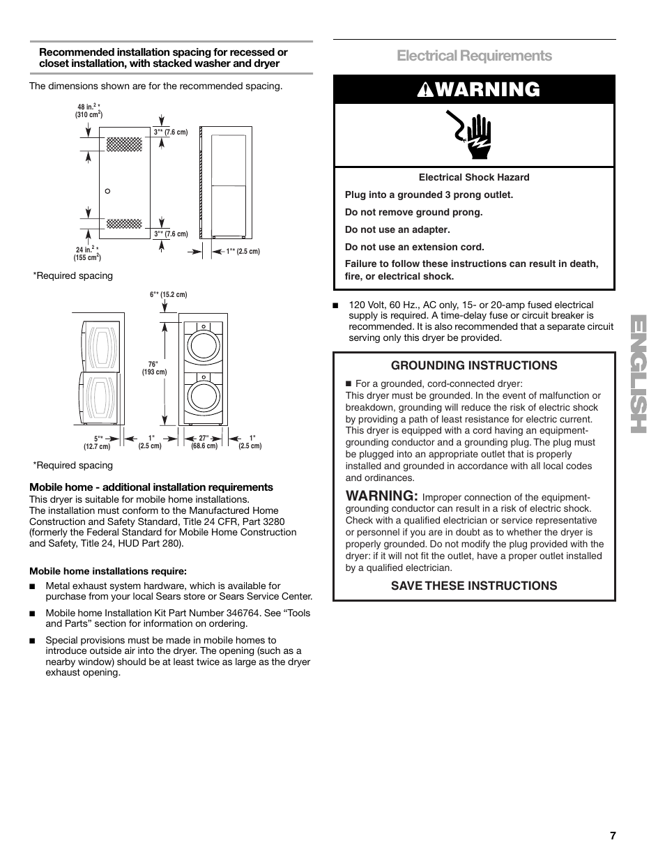 Warning, Electrical requirements, Grounding instructions save these instructions | Kenmore ELITE HE3 110.9787 User Manual | Page 7 / 52