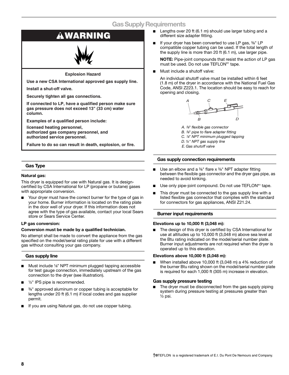 Warning, Gas supply requirements | Kenmore ELITE HE3 110.9787 User Manual | Page 8 / 52