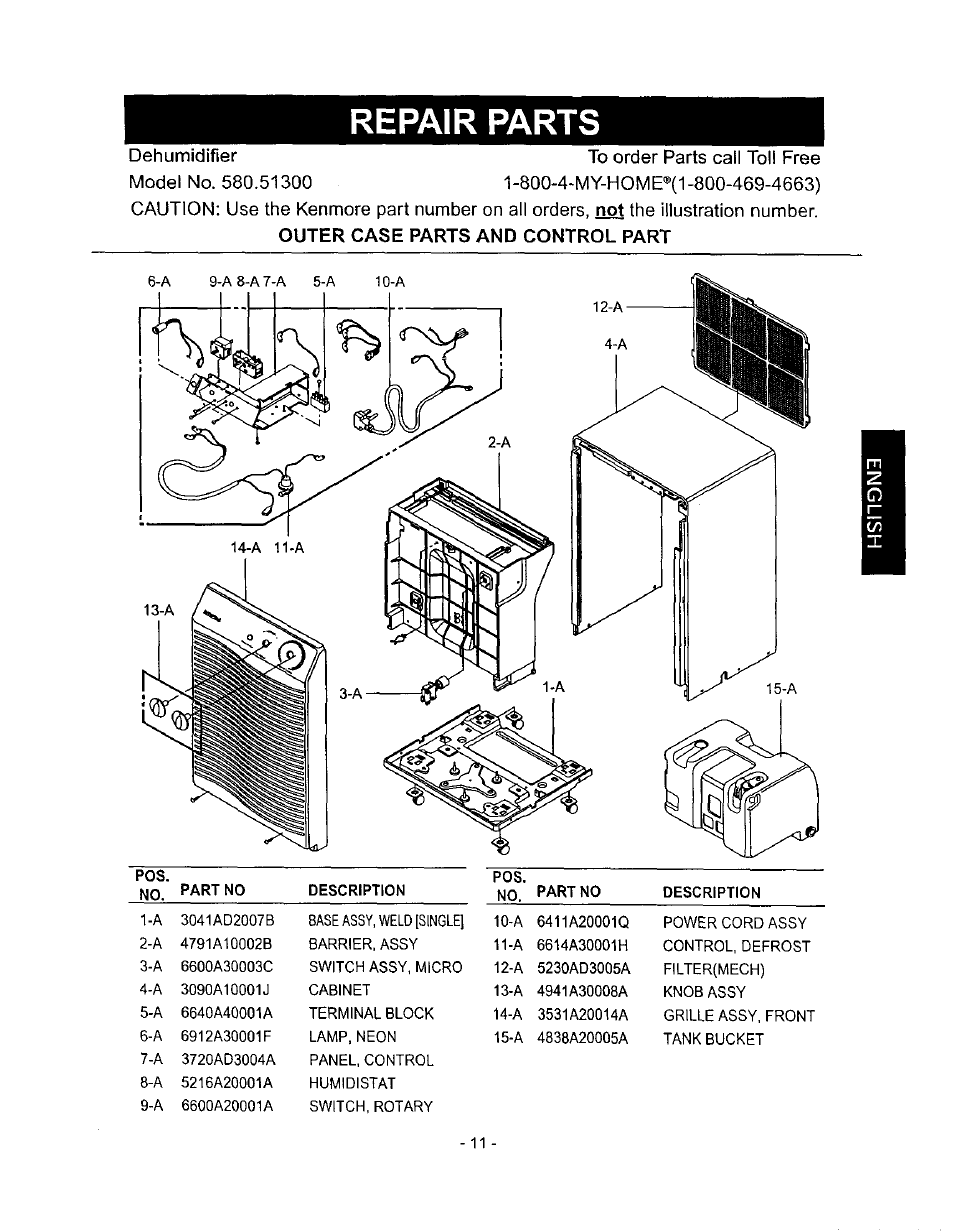 Repair parts | Kenmore 580.513 User Manual | Page 11 / 13