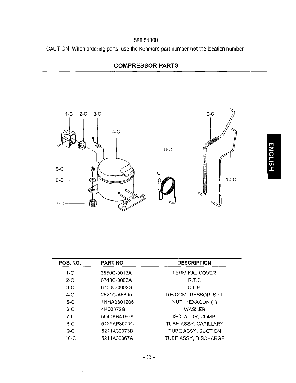 Compressor parts | Kenmore 580.513 User Manual | Page 13 / 13