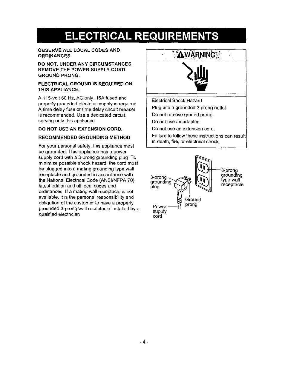 Awarning, Electrical requirements | Kenmore 580.513 User Manual | Page 4 / 13