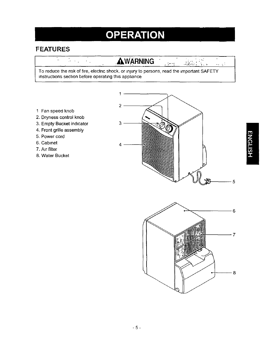 Operation, Features , awarning | Kenmore 580.513 User Manual | Page 5 / 13