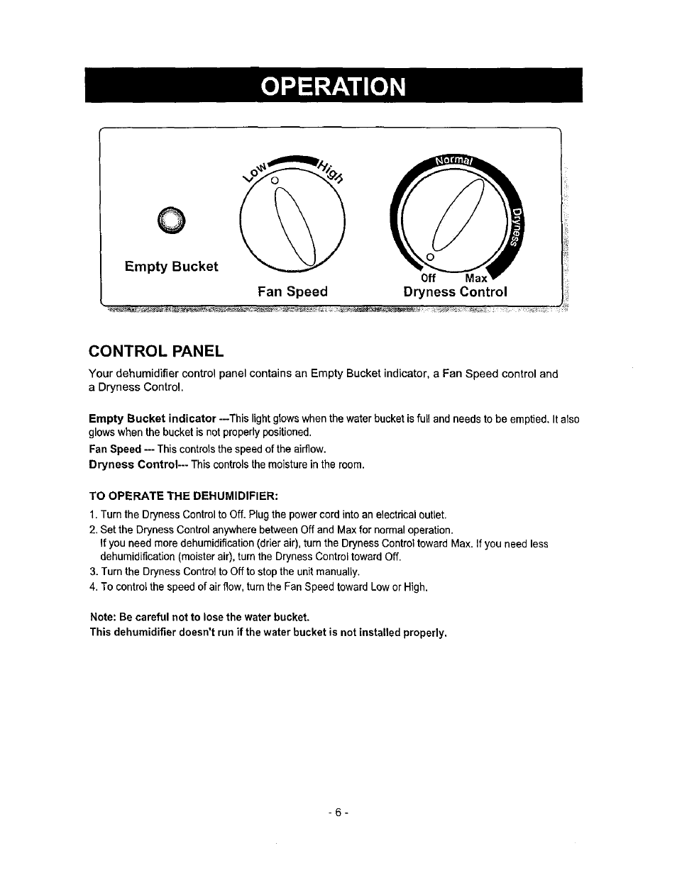 Empty bucket, Dryness control, Control panel | Operation | Kenmore 580.513 User Manual | Page 6 / 13