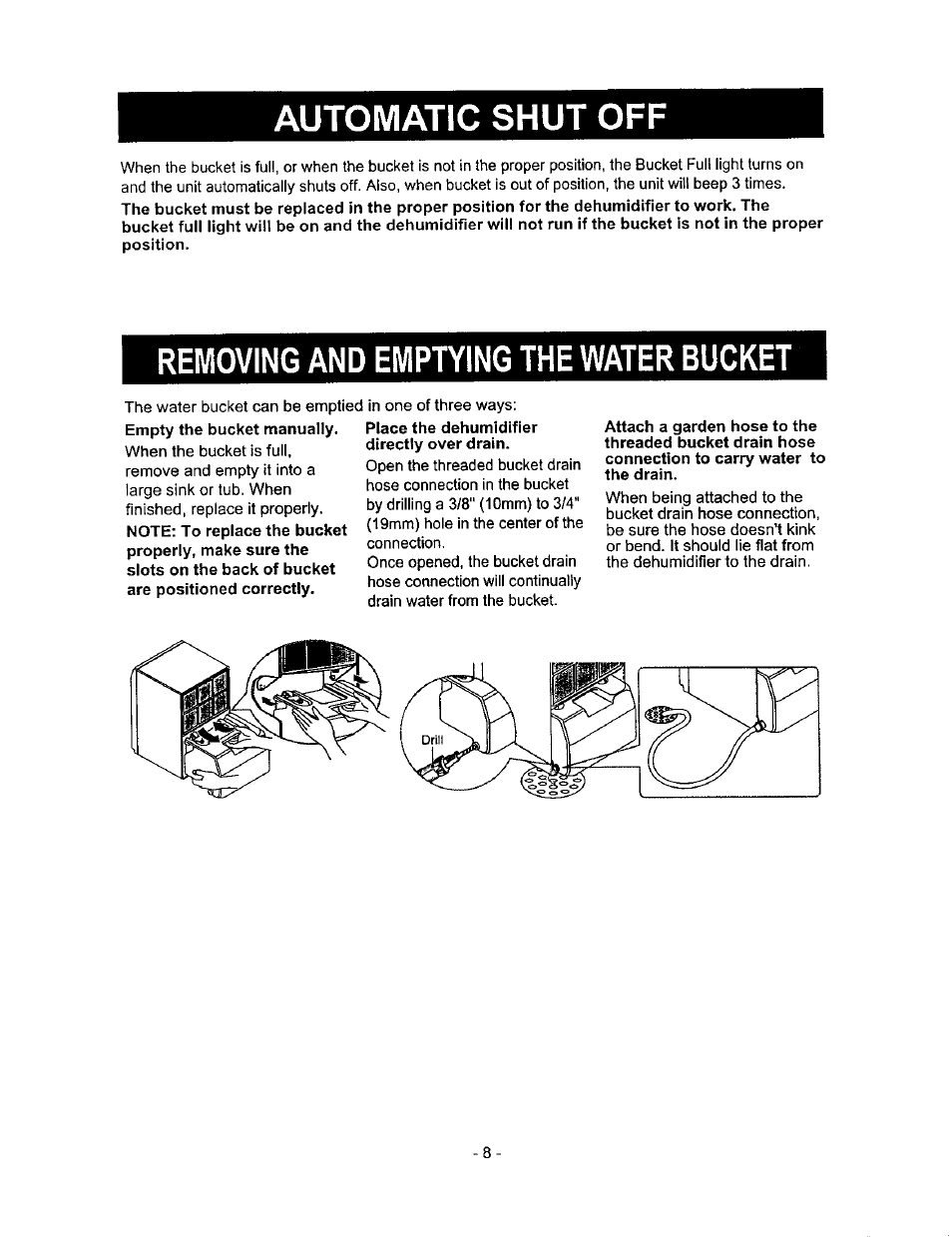 Automatic shut off, Removing and emptying the water bucket | Kenmore 580.513 User Manual | Page 8 / 13