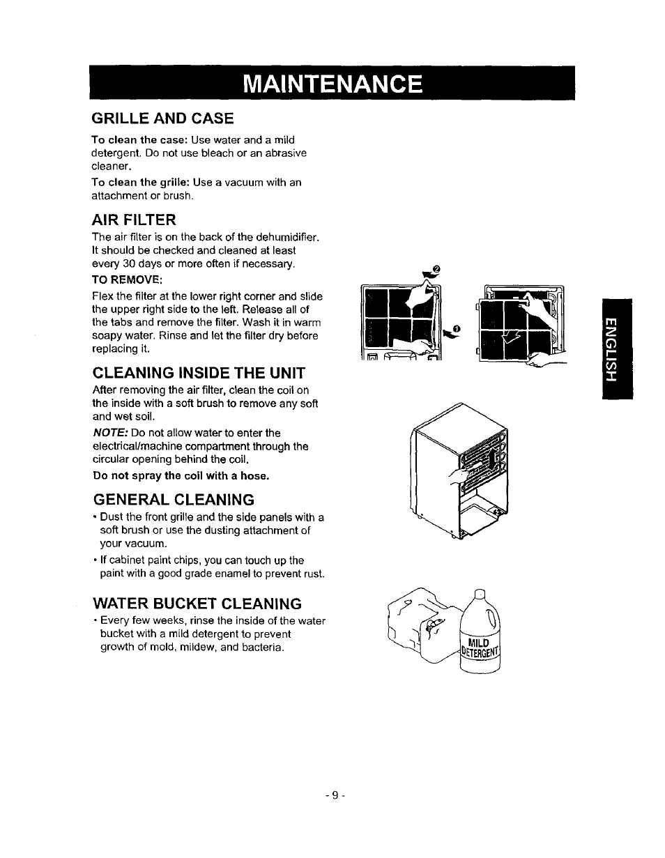 Grille and case, Air filter, Cleaning inside the unit | General cleaning, Water bucket cleaning, Maintenance, Kj 1 ■wl, irai | Kenmore 580.513 User Manual | Page 9 / 13