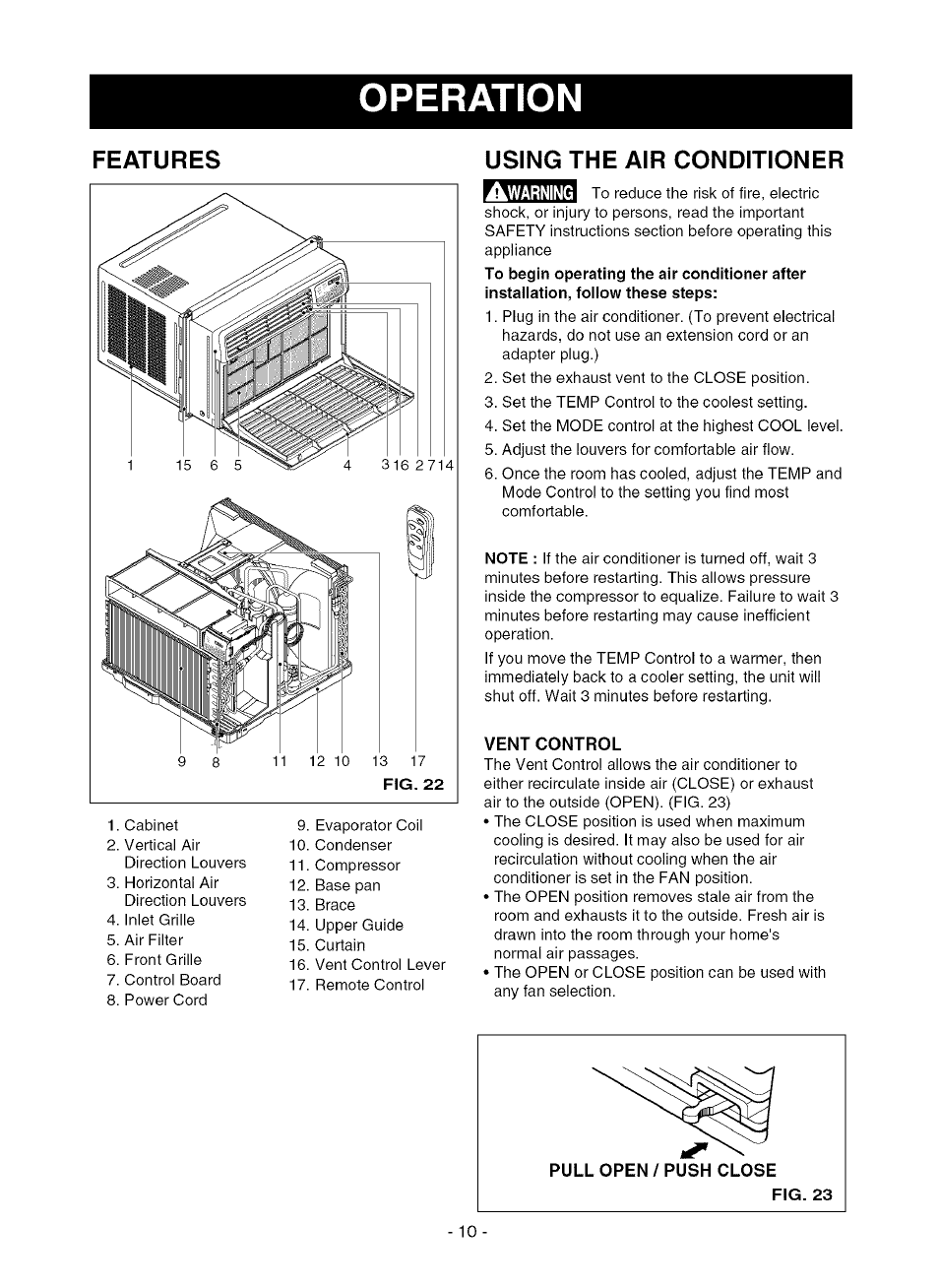 Features, Using the air conditioner, Vent control | Remote control, Operation | Kenmore 580.75281 User Manual | Page 10 / 32