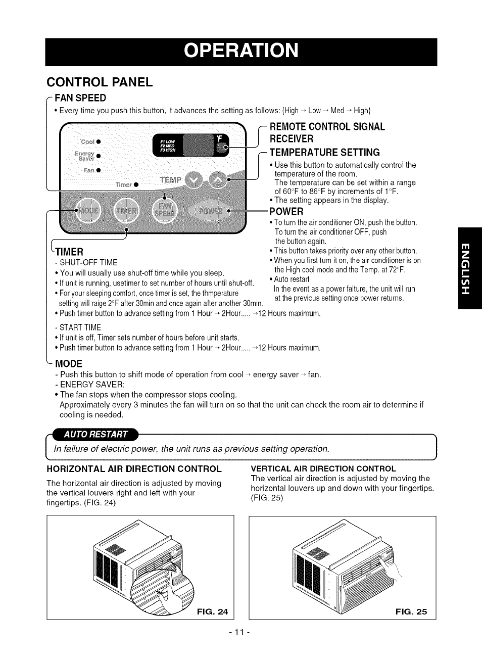 Control panel, Horizontal air direction control, Operation | Fan speed, Remote control signal receiver temperature setting, Power, Timer, Mode | Kenmore 580.75281 User Manual | Page 11 / 32