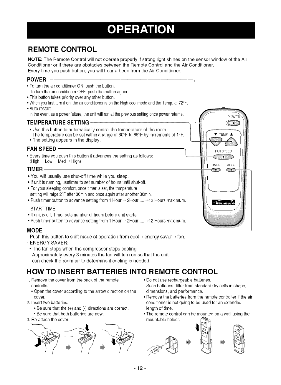 Remote control, How to insert batteries into remote control, Operation | Kenmore 580.75281 User Manual | Page 12 / 32