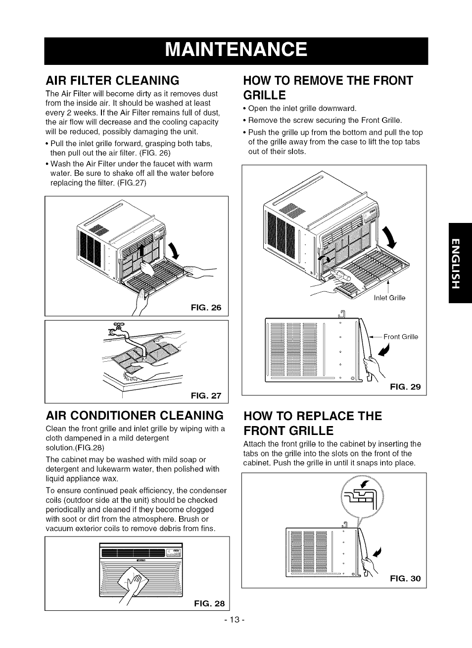 Air filter cleaning, Air conditioner cleaning, How to remove the front grille | How to replace the front grille, Maintenance | Kenmore 580.75281 User Manual | Page 13 / 32