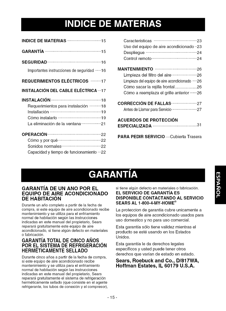 Indice de materias, Para pedir servicio cubierta trasera, Garantia | Kenmore 580.75281 User Manual | Page 15 / 32