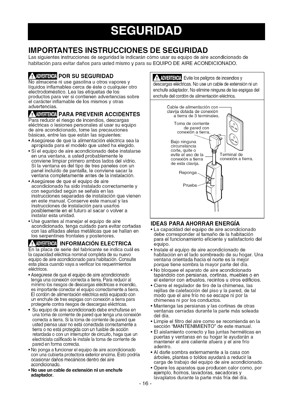 Seguridad, Importantes instrucciones de seguridad, I por su seguridad | Para prevenir accidentes, Informacion electrica, Ideas para ahorrar energia, Advertencia | Kenmore 580.75281 User Manual | Page 16 / 32