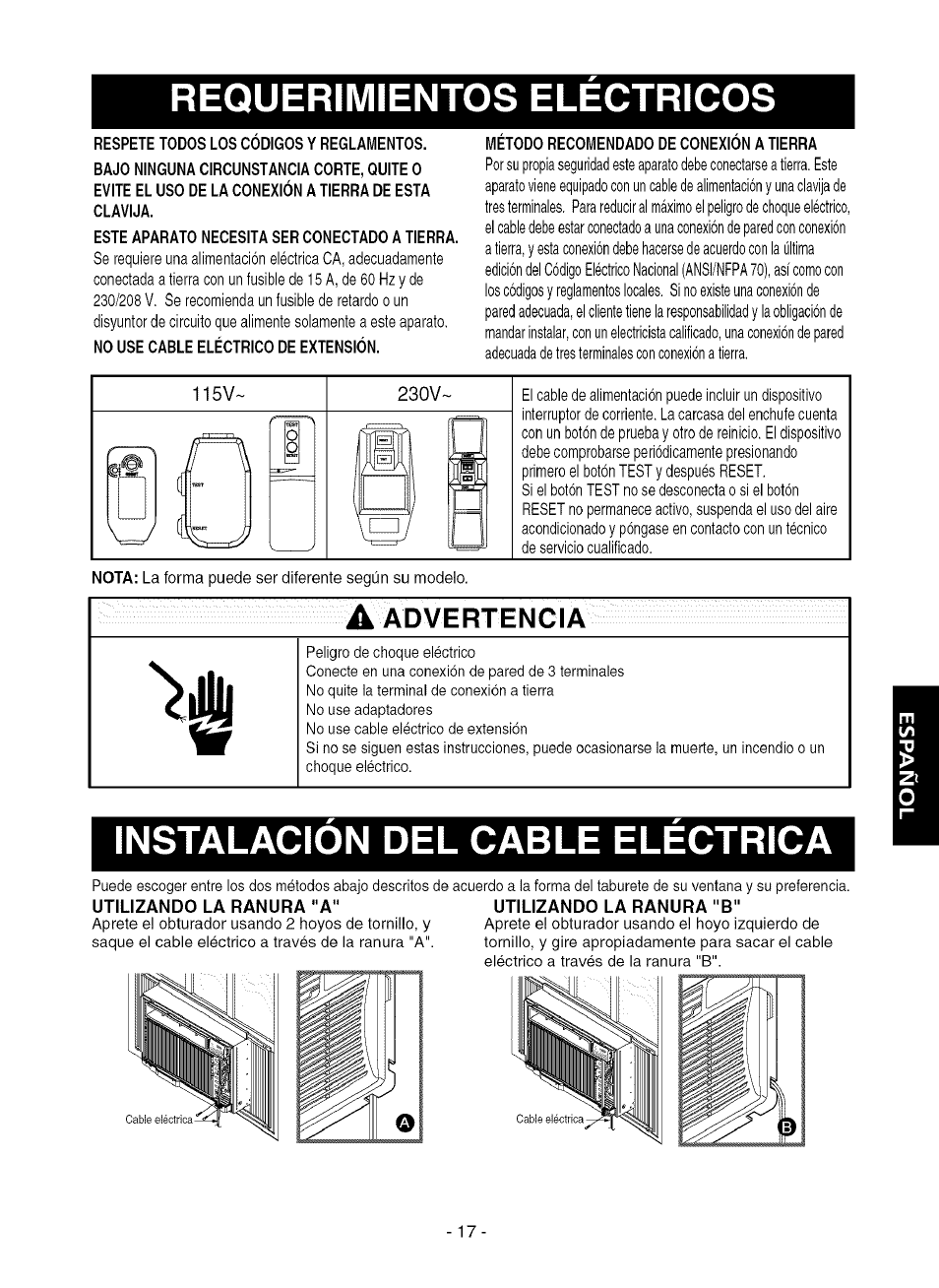 Requerimientos electricos, Este aparato necesita ser conectado a tierra, Metodo recomendado de conexion a tierra | Instalacion del cable electrica, Utilizando la ranura "a" utilizando la ranura "b, Requerimientos eléctricos, Instalación del cable eléctrica, Advertencia | Kenmore 580.75281 User Manual | Page 17 / 32