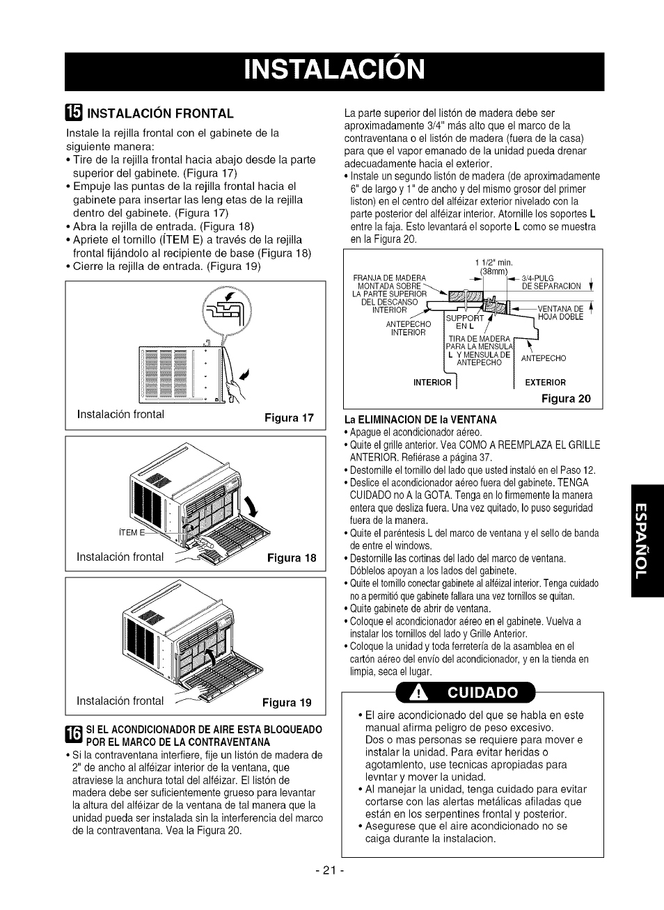 0 instalación frontal, A cuidado, Instalacion | Kenmore 580.75281 User Manual | Page 21 / 32