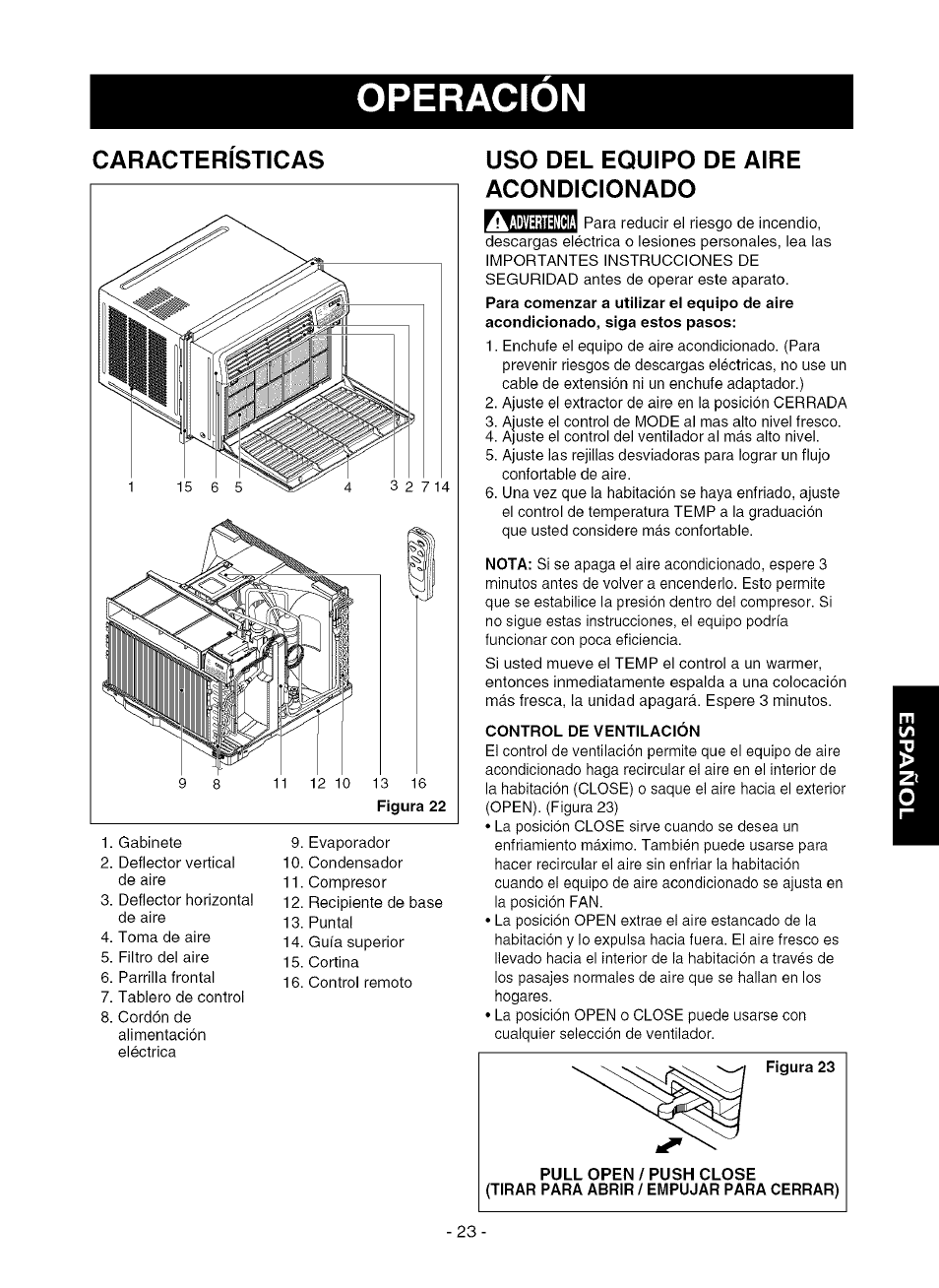Uso del equipo de aire acondicionado, Operacion, Caracteristicas | Kenmore 580.75281 User Manual | Page 23 / 32