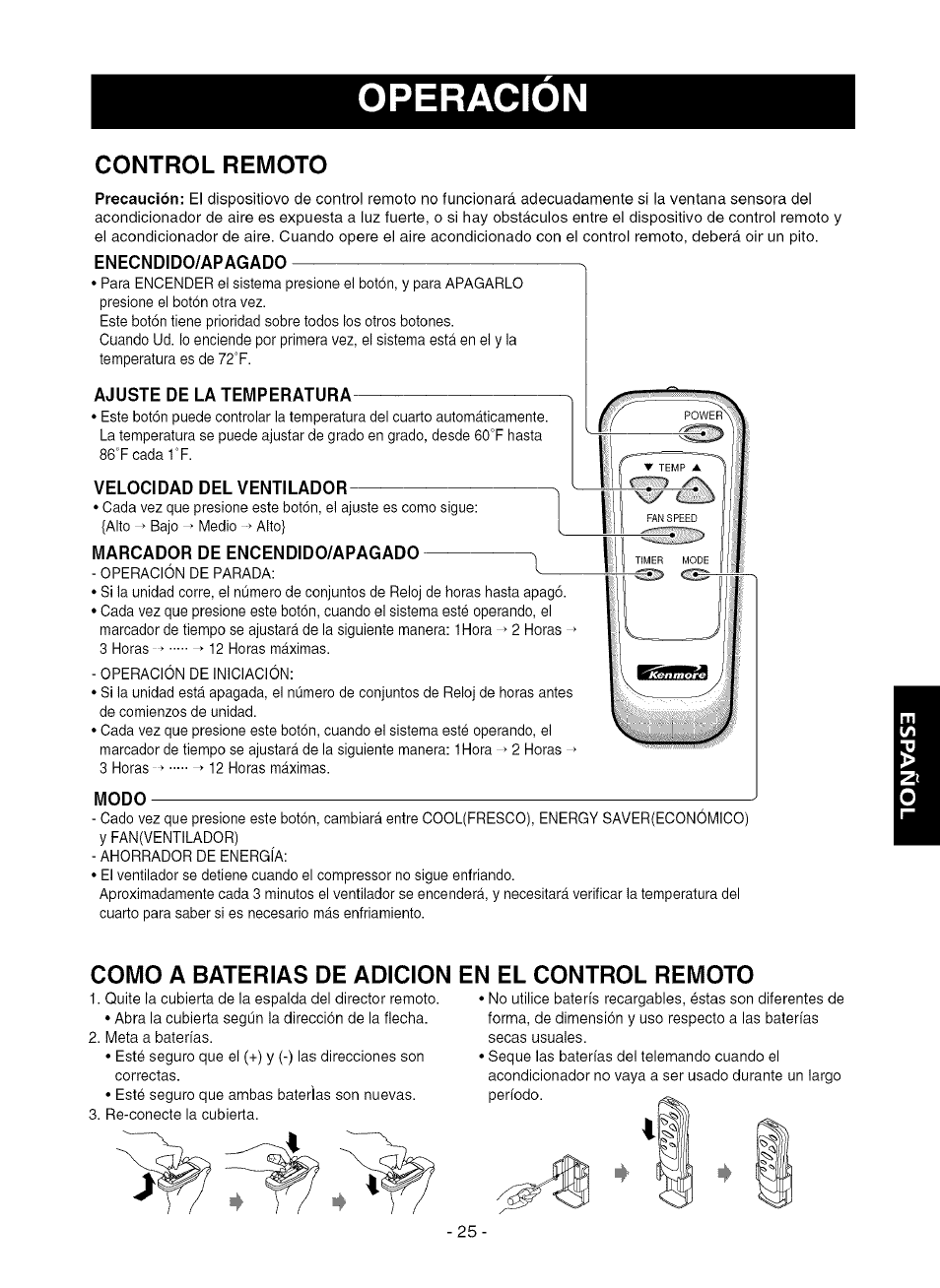 Control remoto, Como a baterias de adicion, En el control remoto | Operacion | Kenmore 580.75281 User Manual | Page 25 / 32