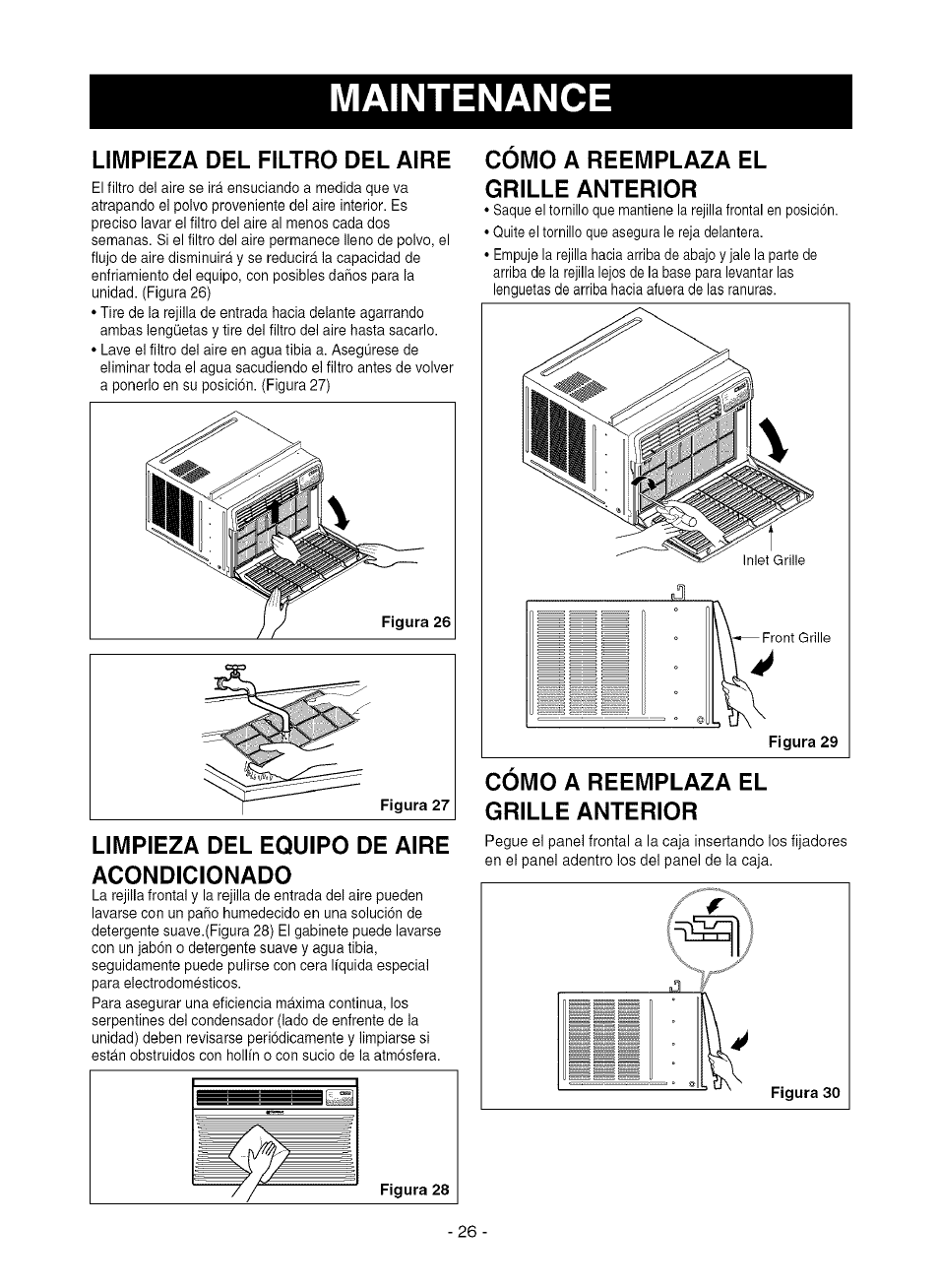 Maintenance, Limpieza del filtro del aire, Limpieza del equipo de aire acondicionado | Como a reemplaza el grille anterior, Cómo a reemplaza el grille anterior | Kenmore 580.75281 User Manual | Page 26 / 32