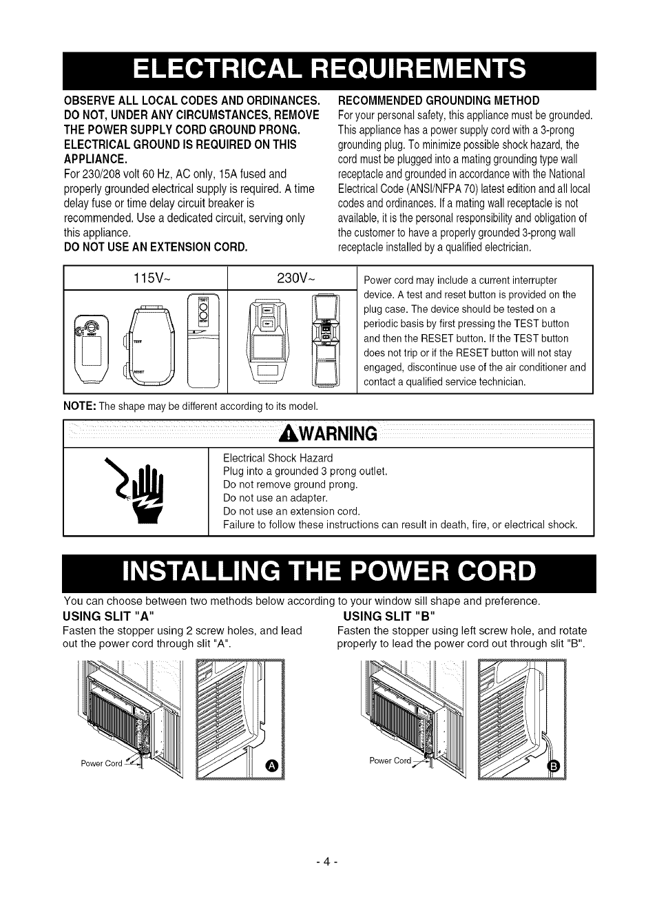 Electrical requirements, Installing the power cord, Warning | Kenmore 580.75281 User Manual | Page 4 / 32